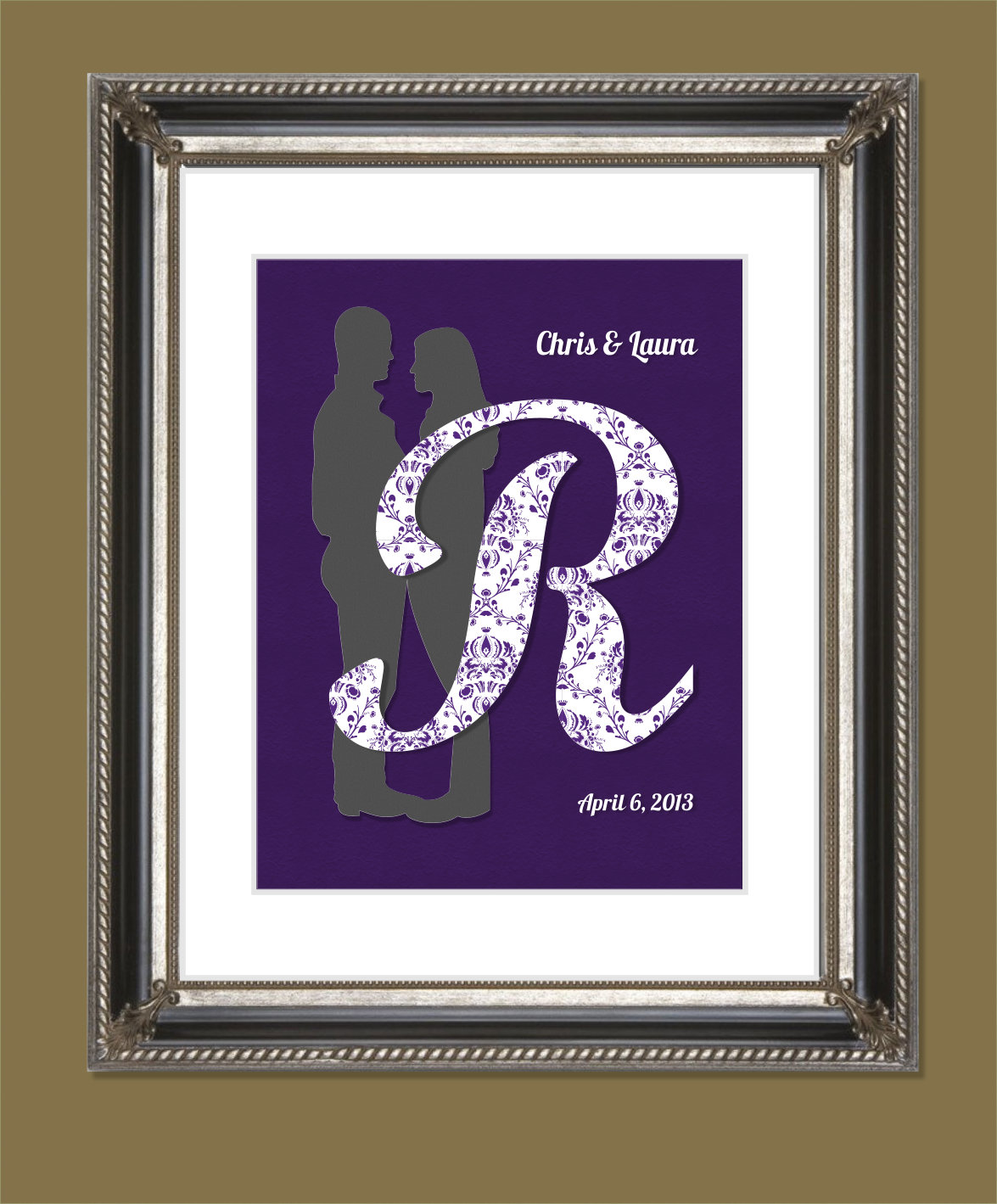 Wedding Or Engagement Silhouette & Initial Unframed